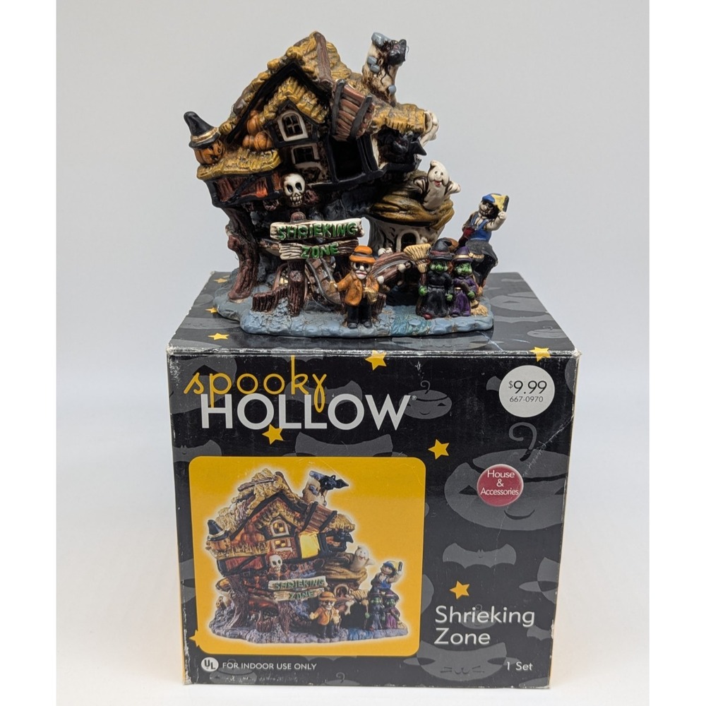 Vtg Spooky Hollow Shrieking Zone Porcelain Halloween Village Lighted House Town